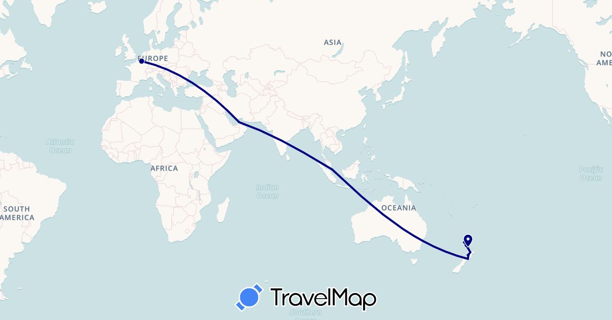 TravelMap itinerary: driving in United Arab Emirates, Australia, Belgium, New Zealand, Singapore (Asia, Europe, Oceania)